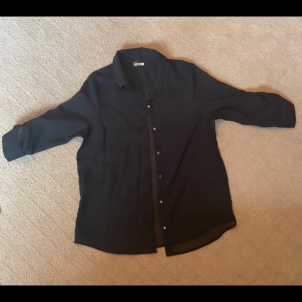 Black mesh long sleeve button down shirt
